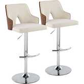 Stella Adjustable Swivel Bar Stool in Chrome, Walnut Wood & Cream Fabric (Set of 2)